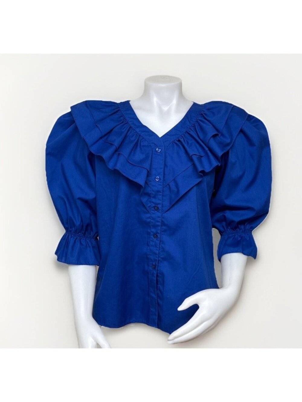 Vintage Malco Modes Blouse Womens Small Royal Blue Ruffle Collar Western Prairie